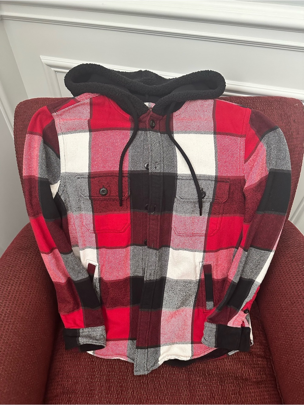 Express Red Black White Plaid Hooded Flannel Shirt Jacket